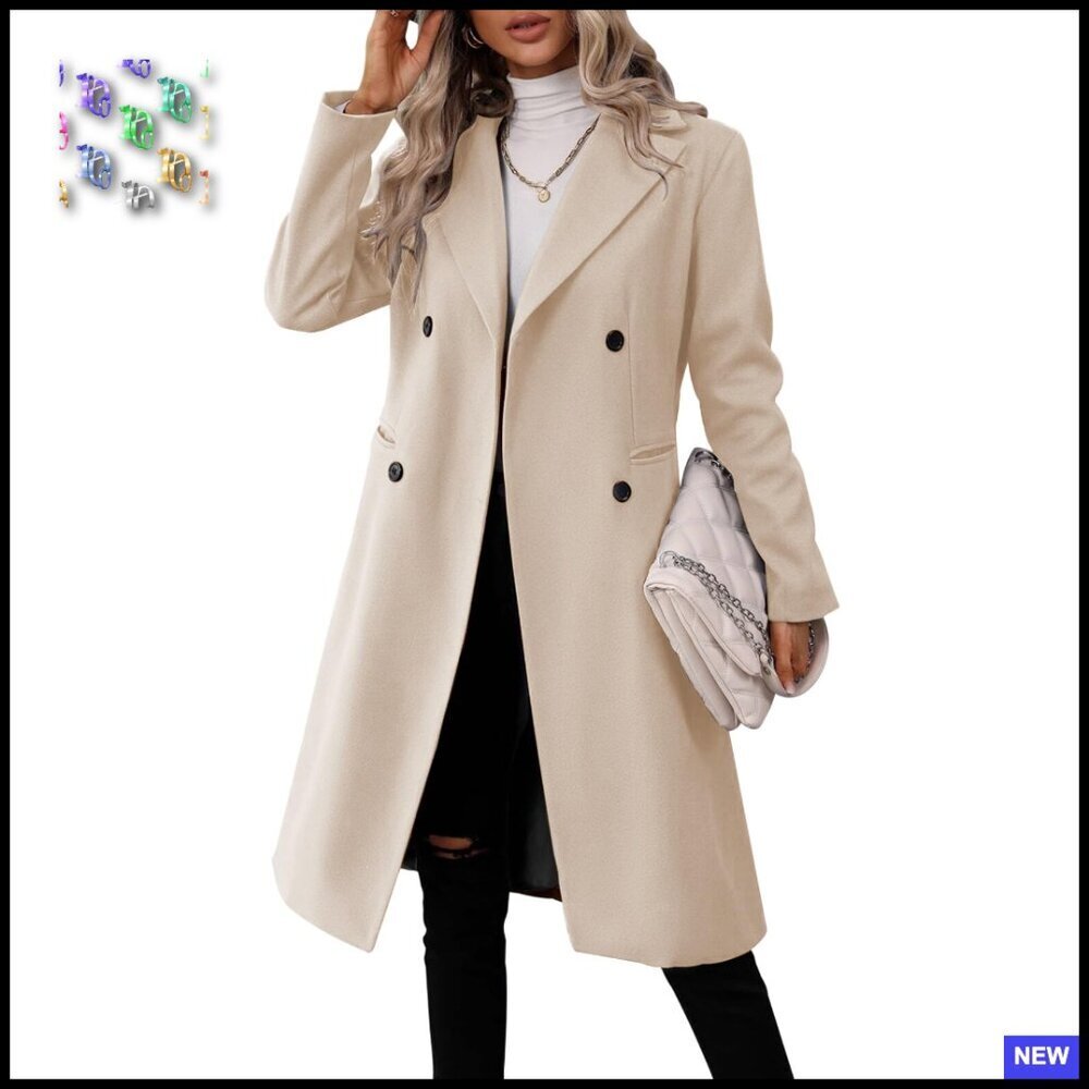 Long Double Breasted Pea Coat Classic Lapel Slim Fit Wool Blend Winter Jacket